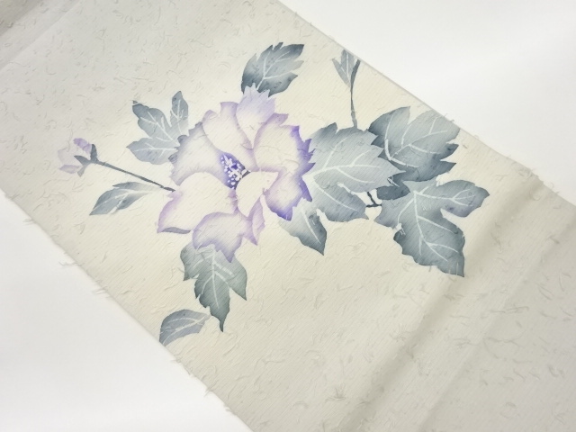 作家物　ひげ紬花葉模様開き名古屋帯（額縁仕立て）